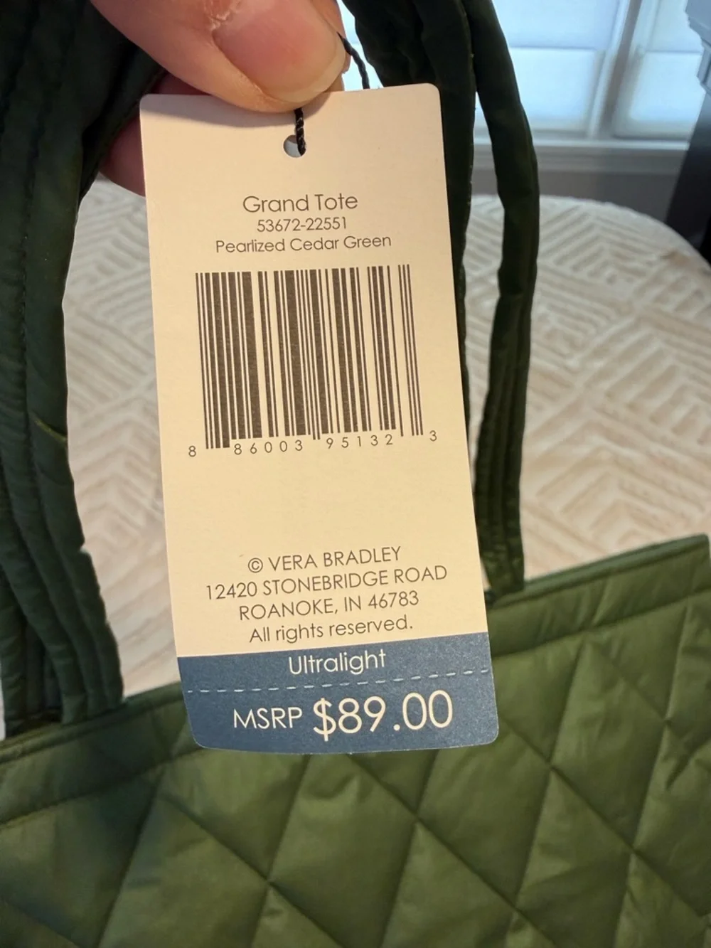 Vera Bradley Quilted Tote in Olive Green shimmer NWT